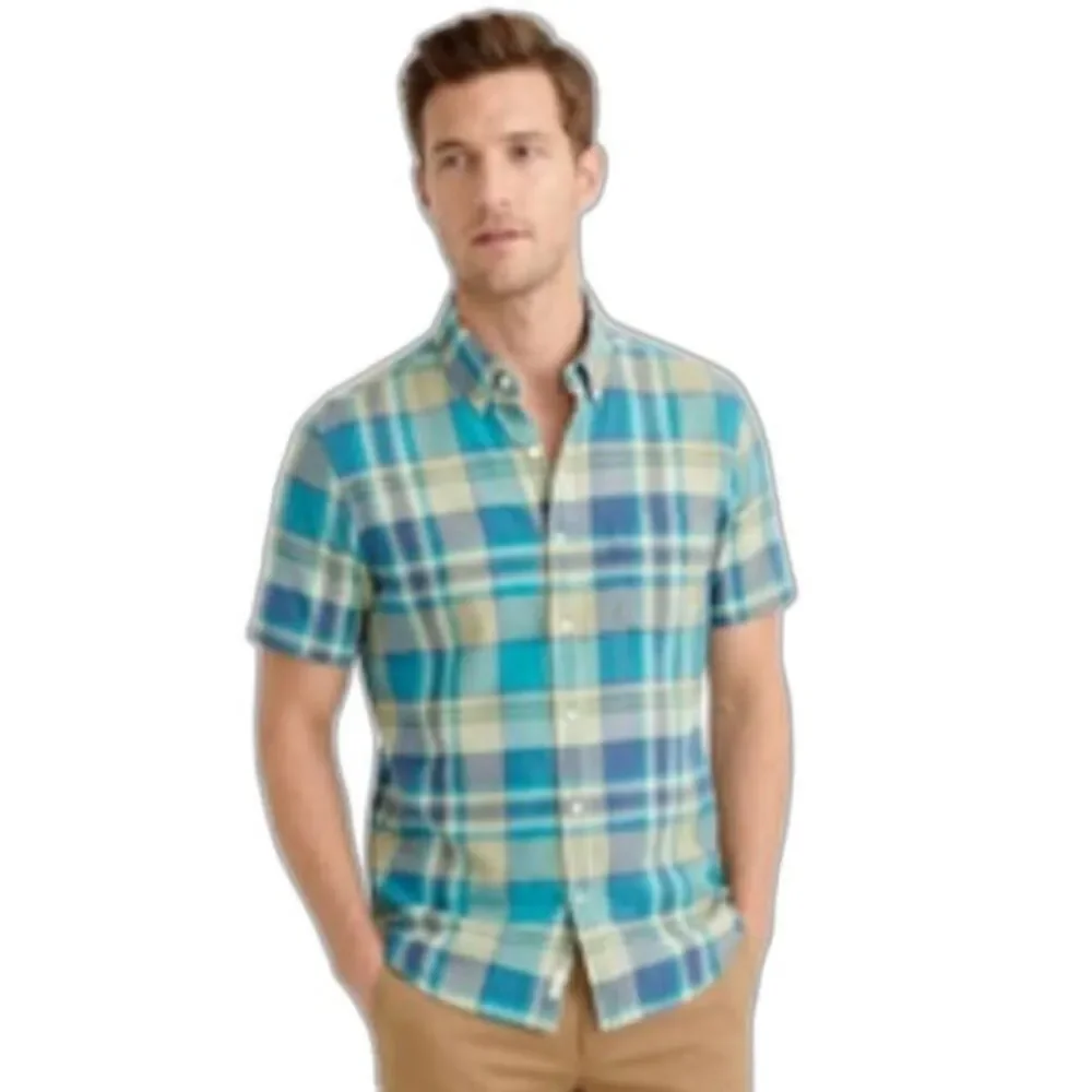 J. Crew Men's Tan Blue Summer Plaid Short Sleeve Button Down Shirt Size L